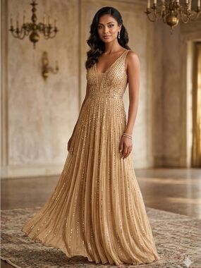 Mac Duggal A-line Sequin Plunge Neck Gown in Gold Sunset Wedding Prom Size 2